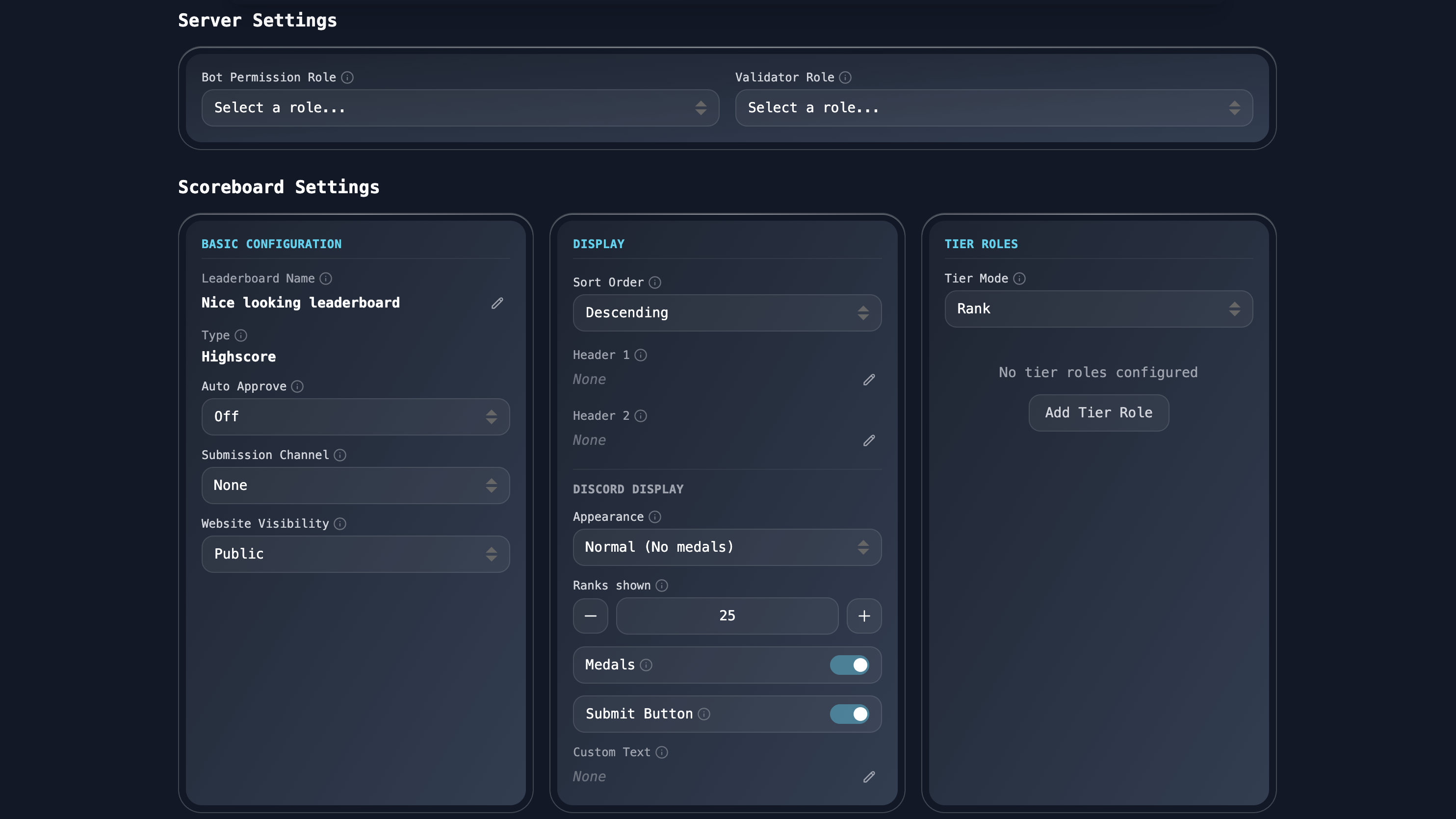 Discord leaderboard bot configuration — set up scoreboard name, type, sort order, tier roles, and display options